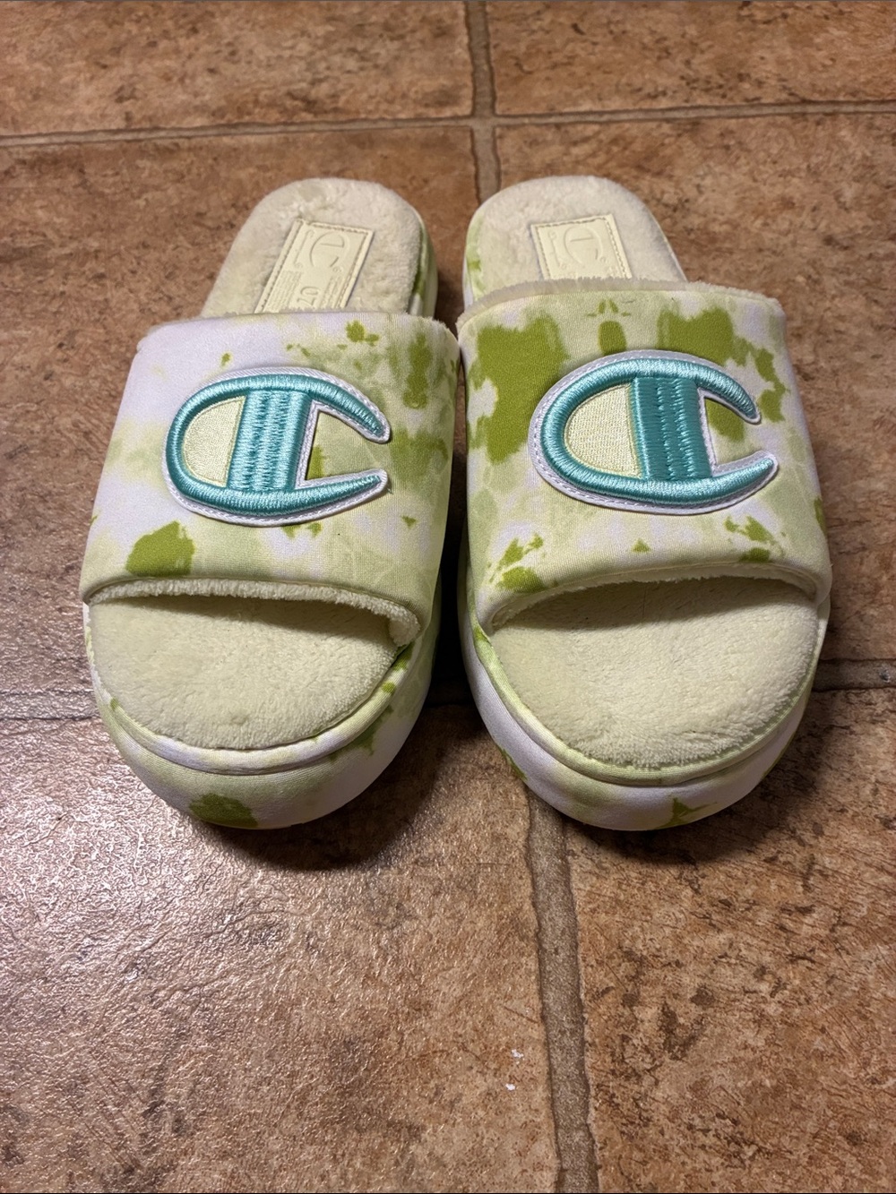 Champion Tie-Dye Slide Sandals in Lime and Aqua